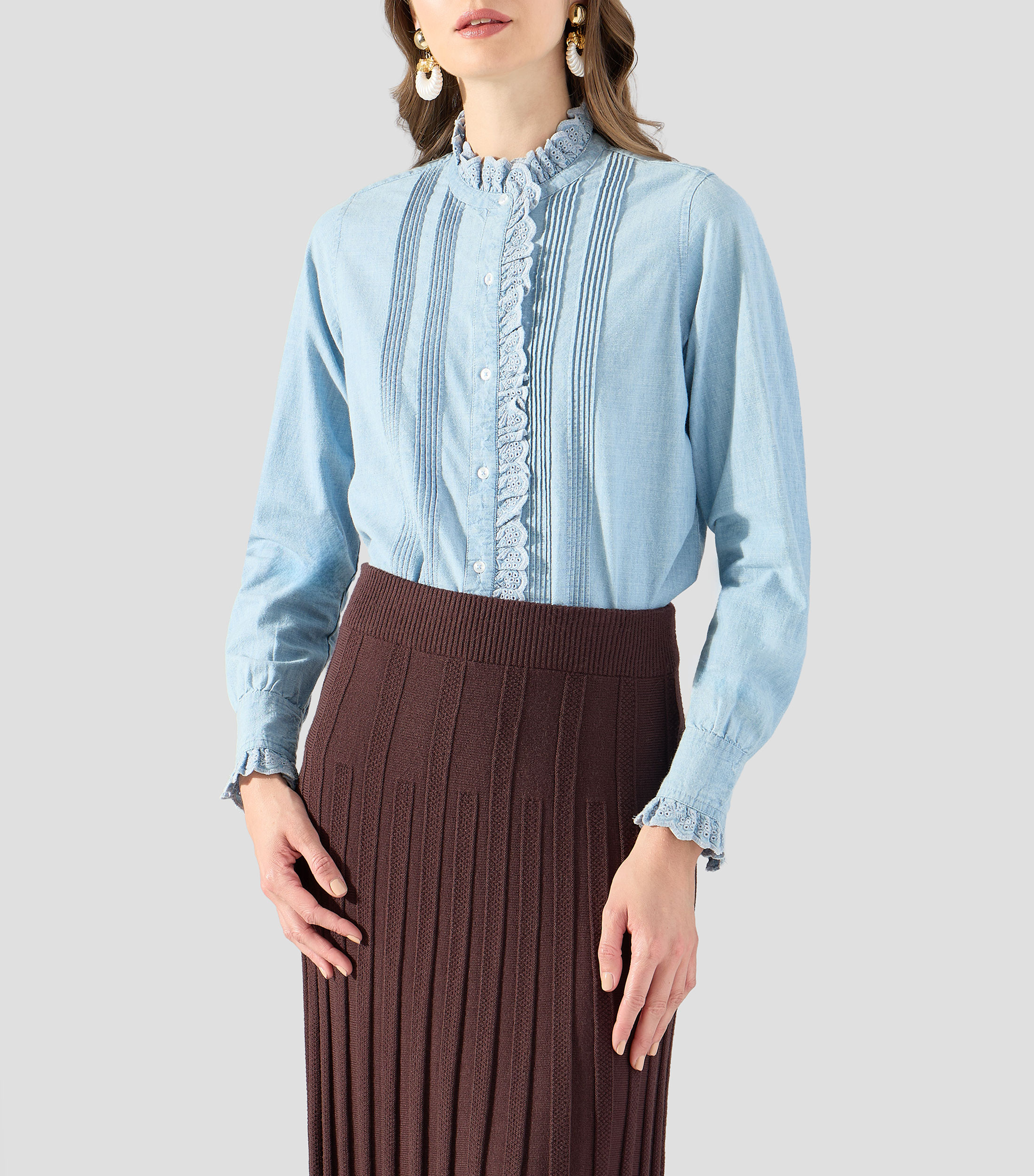 Camisa lisa con detalle decorativo manga larga Mujer